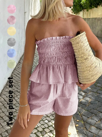Women's Striped Print Tube Top & Shorts Sets