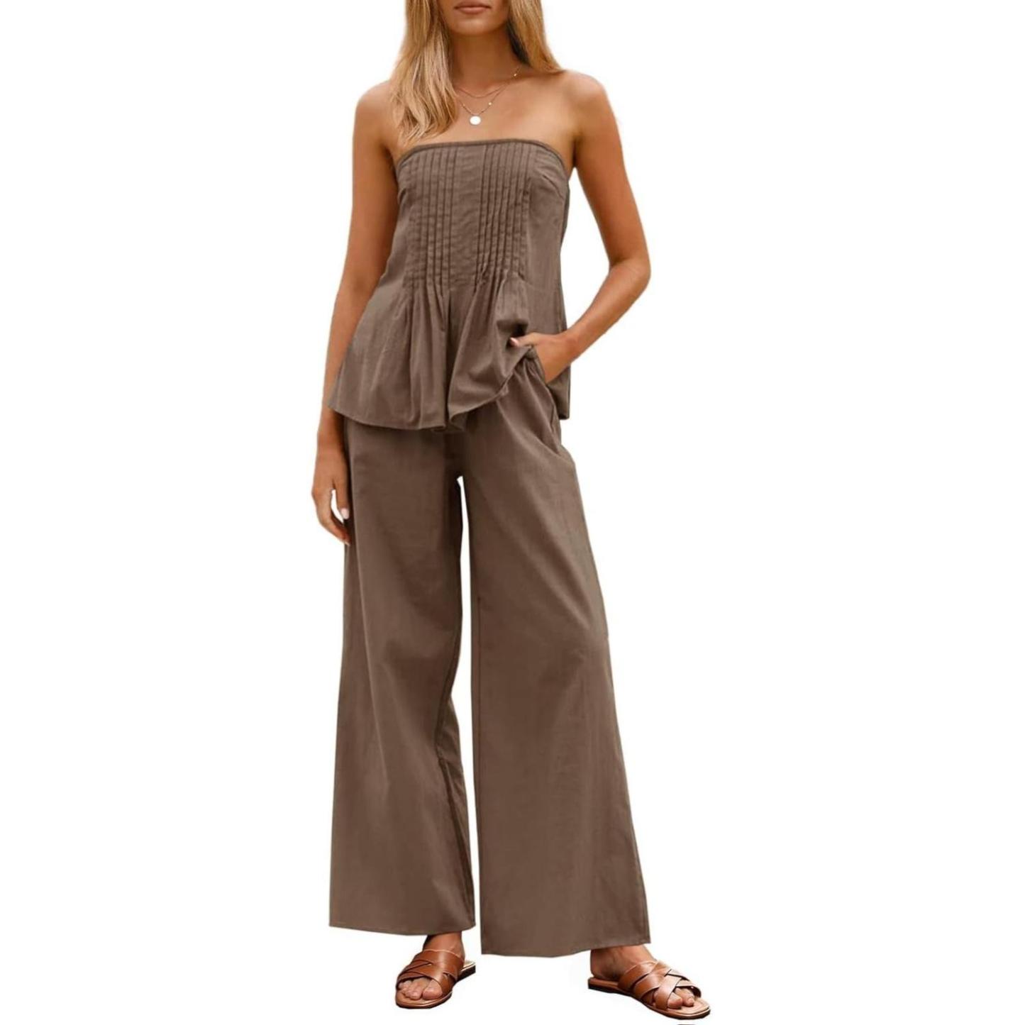 Women's Vacation Strapless Cotton Tube Top & Wide Leg Pleated Pants Matching Set