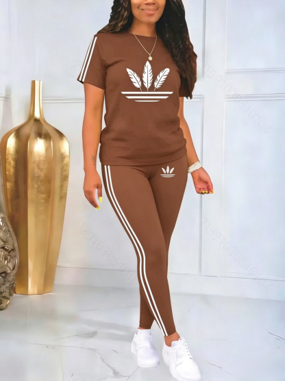 Women's Printed Casual Sporty Round Neck Drawstring Short Sleeve Two-Piece Set