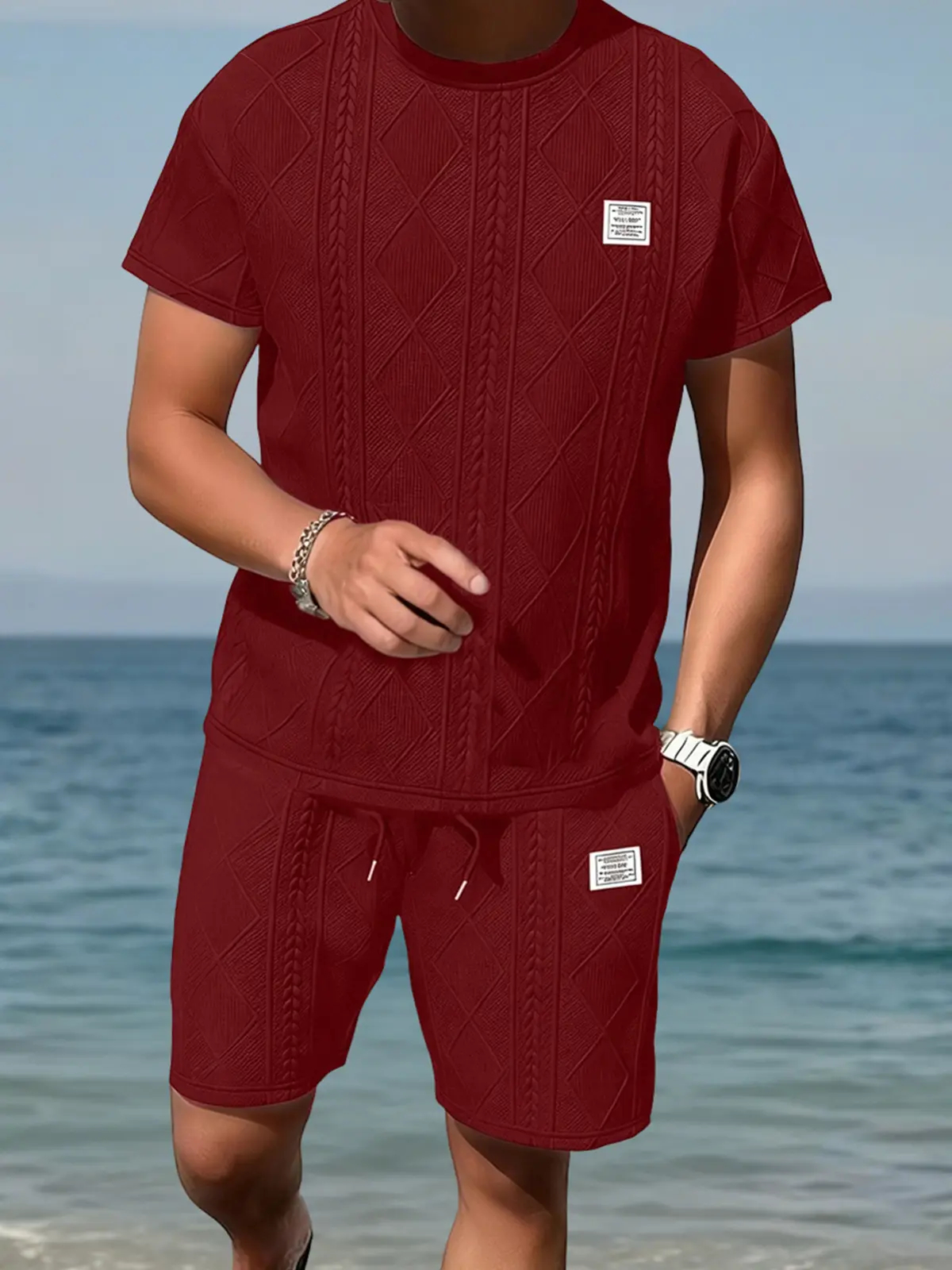 Men's Casual Summer Jacquard Texture Fabric Breathable 2-Piece Sports Suit