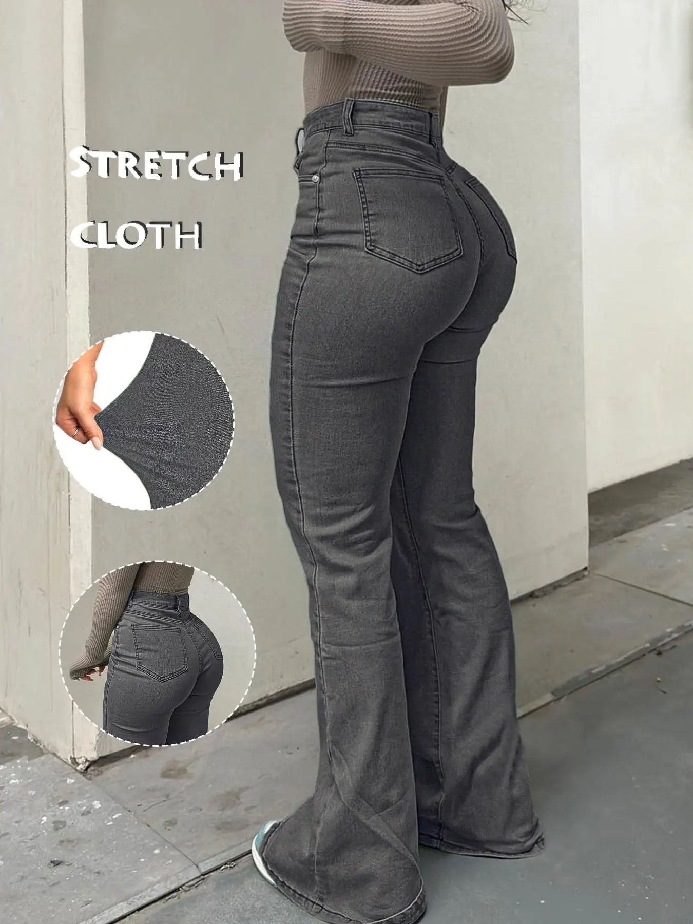 Women's Casual Button Fly Pocket Design High Waist Flare Leg Jeans
