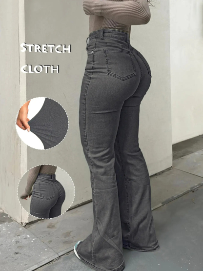 Women's Casual Button Fly Pocket Design High Waist Flare Leg Jeans