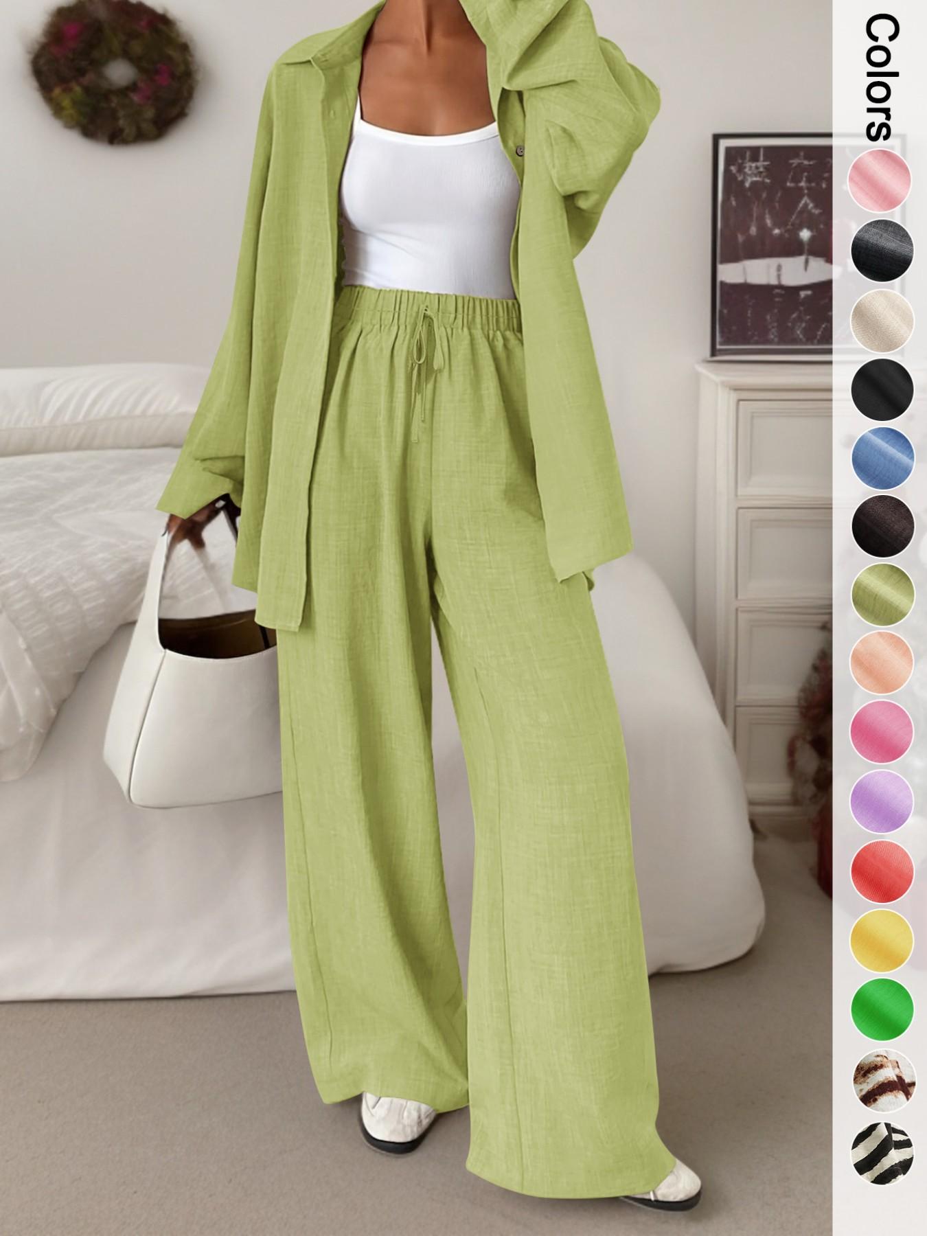 Women's Casual Sporty Shirt and Long Pants Set, Loose Button-Up Top and Wide-Leg Pants Two-Piece Set, Comfortable and Stylish