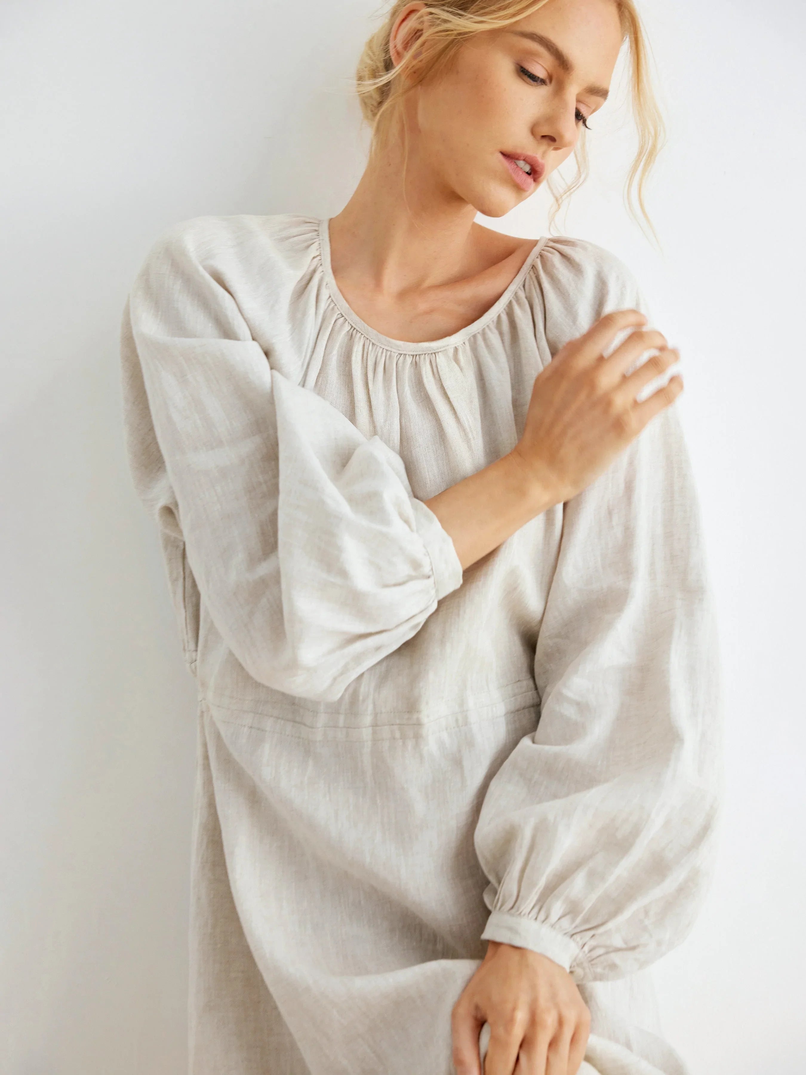 Maddie 100% Linen Puff Sleeve Drawstring Waist Dress