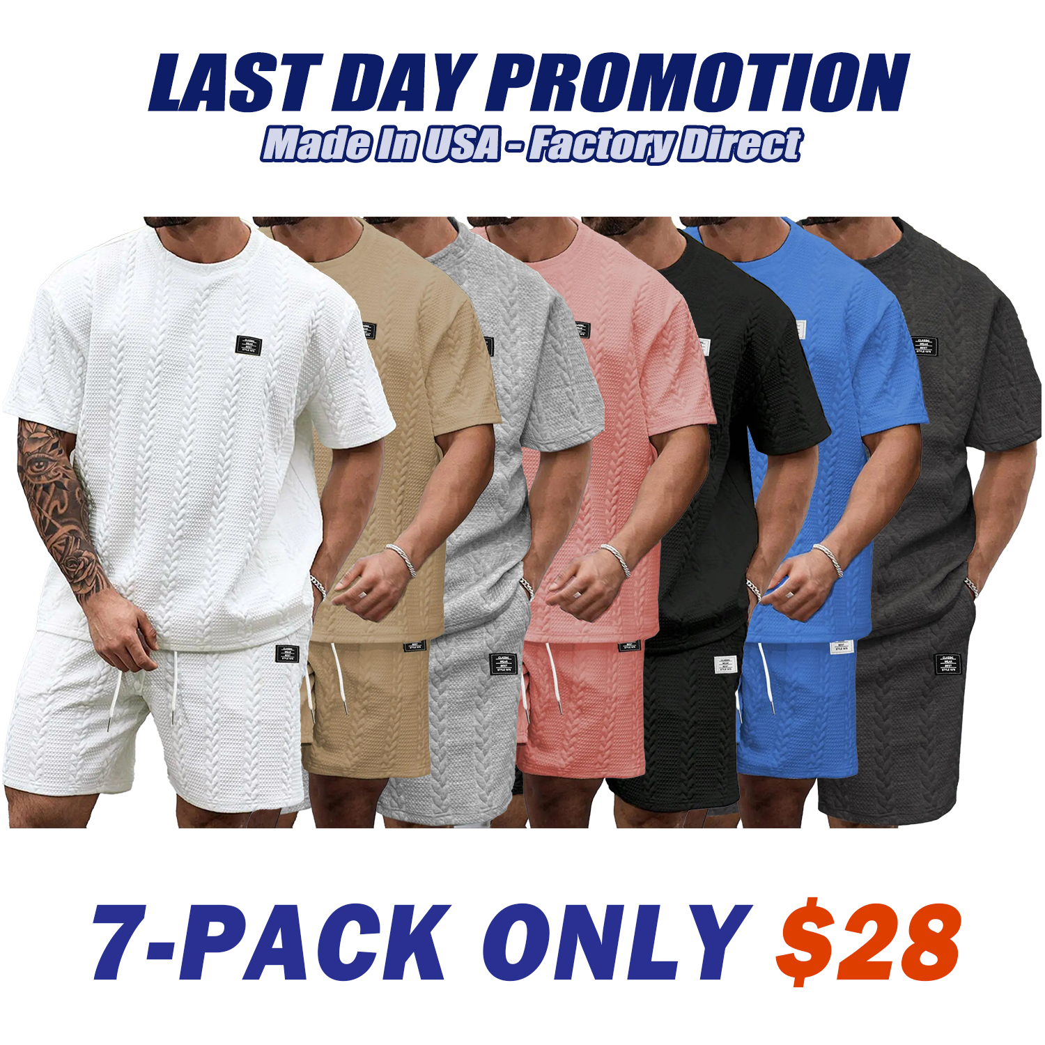 Men's Solid Textured Knit Patched Tee & Drawstring Waist Shorts Set