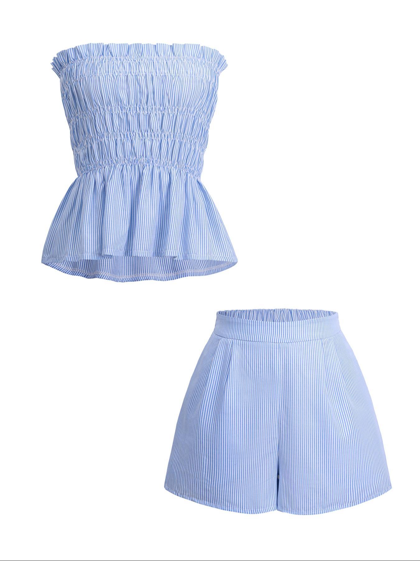 Two-piece Set Women's Striped Print Tube Top & Shorts Set, Casual Strapless Top & Shorts for Daily Wear, Ladies Clothes Womenswear for Summer Outfit