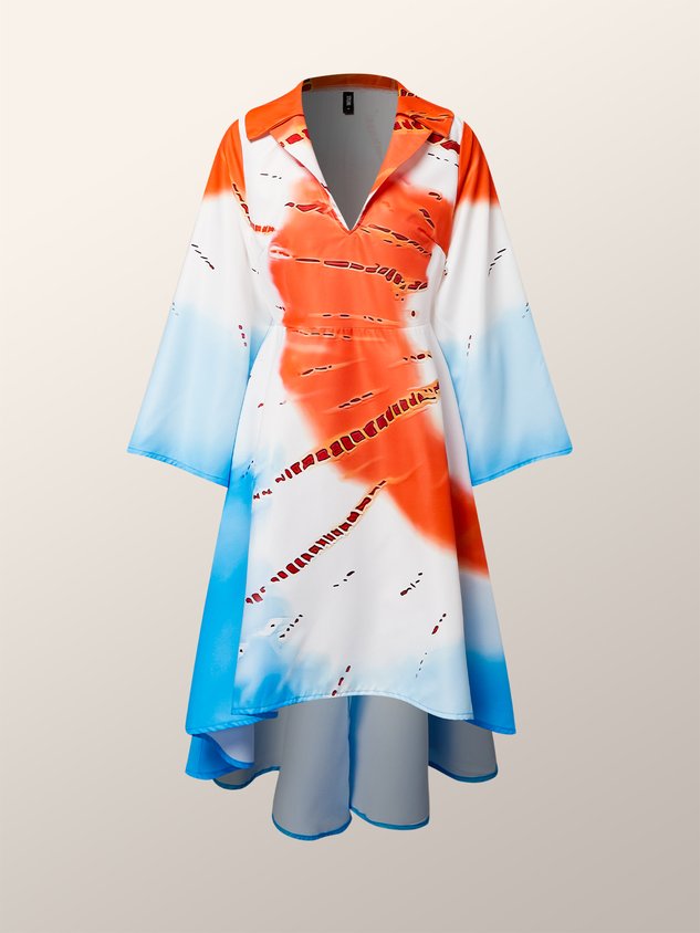 Gradient Pattern Loose Lapel Collar Vacation Dress