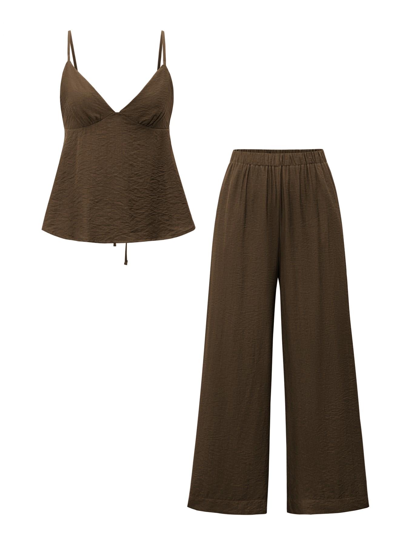 Fashion Vacation-Style Deep V Backless Crop Top and Wide-Leg Pants Two-Piece Set, Sleeveless Fitted Top, Full-Length Pants with Natural Waist