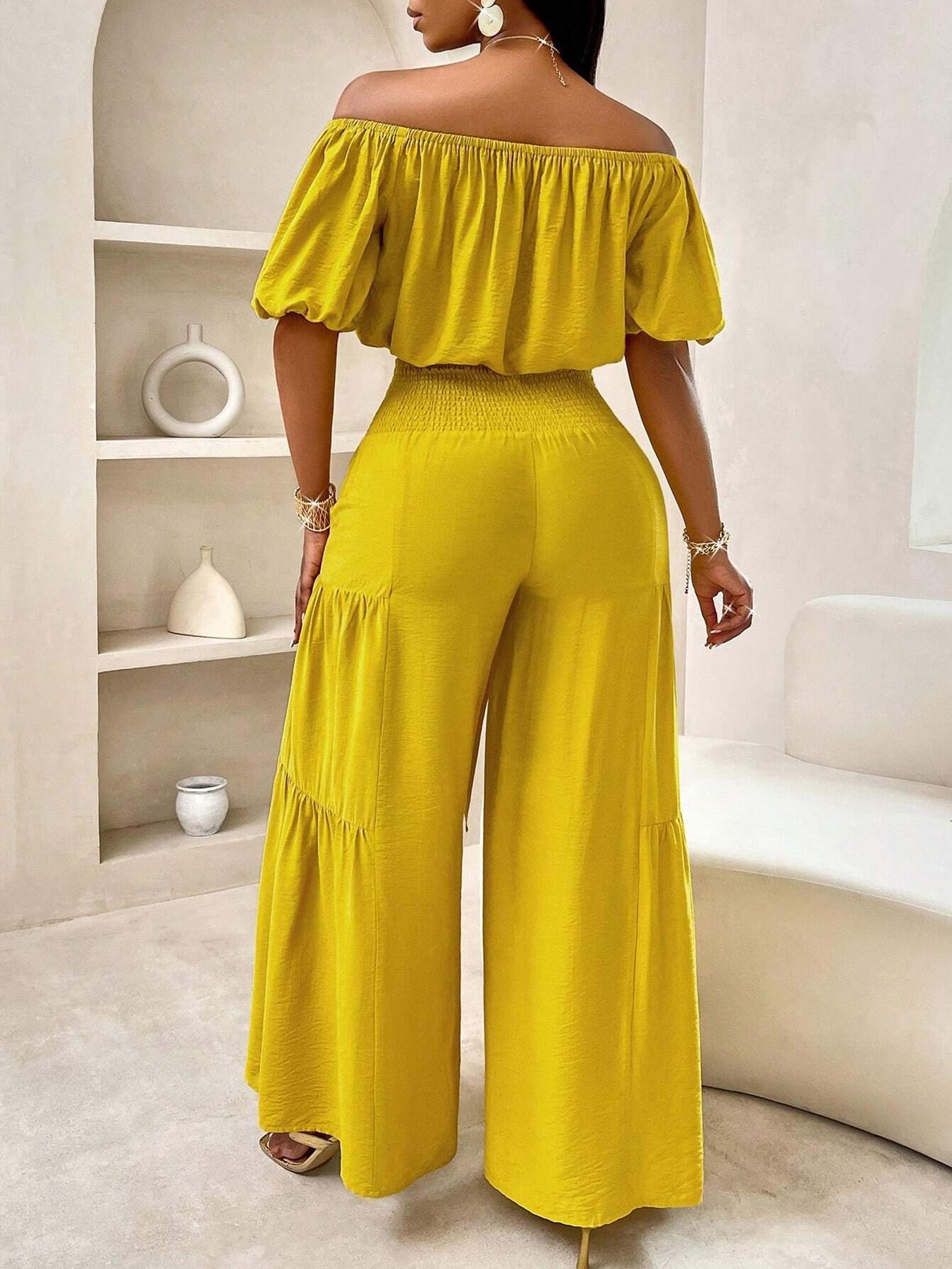Summer Beach Vacation Bow Shoulderless Round Neck Shirt Wide Leg Pants Set, Casual Loose-Fitting, Women's Fashion, Womenswear