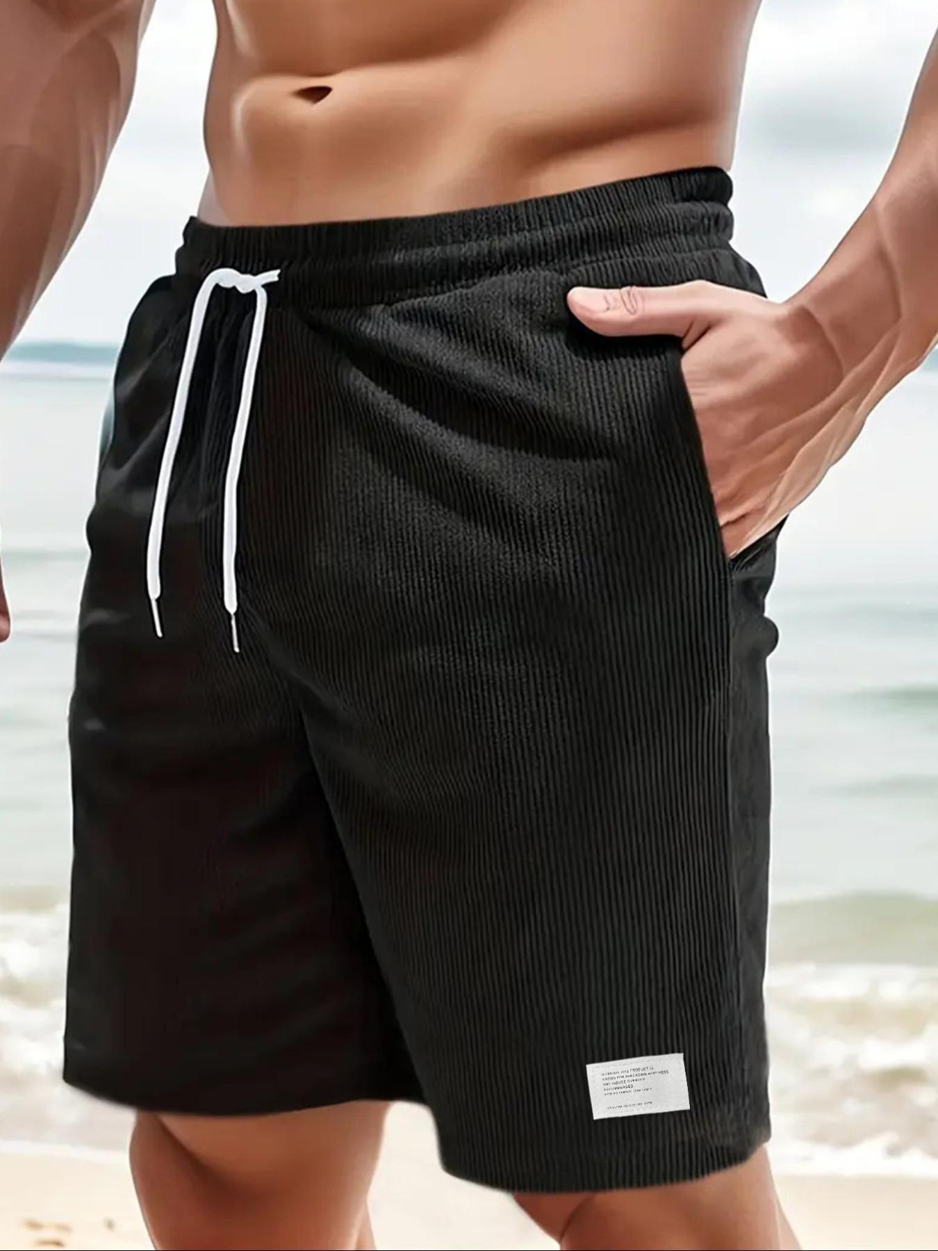 Men's Solid Patched Drawstring Waist Shorts, Regular Fit Casual Pocket Elastic Waist Shorts for Summer, Men's Bottoms for Daily Wear Men's Solid Patched Drawstring Waist Shorts, Regular Fit Casual Pocket Elastic Waist Shorts for Summer, Men's Bottoms for Daily Wear