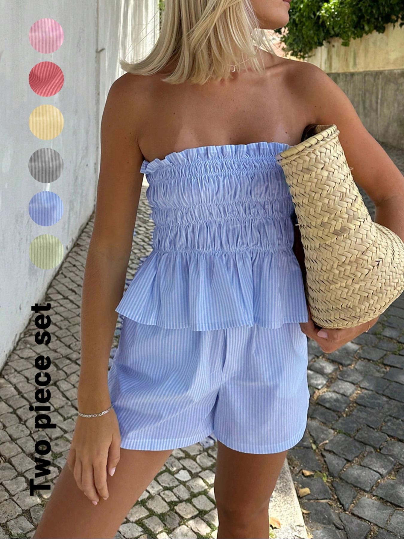 Two-piece Set Women's Striped Print Tube Top & Shorts Set, Casual Strapless Top & Shorts for Daily Wear, Ladies Clothes Womenswear for Summer Outfit
