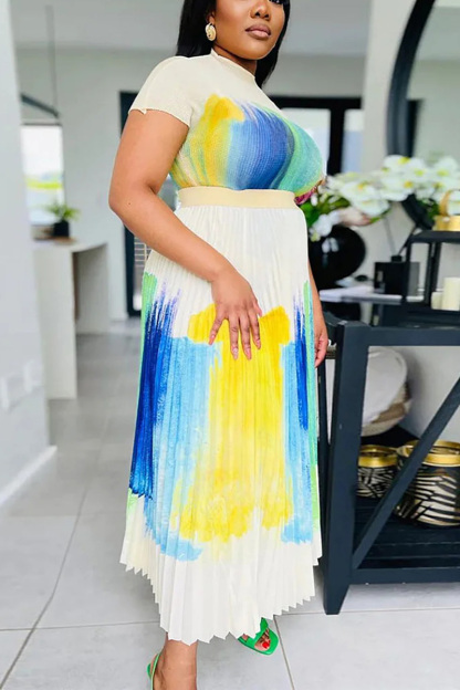 Plus Size Casual Tie-dye Print Pleated Short Sleeve Midi Dresses [Pre-Order]