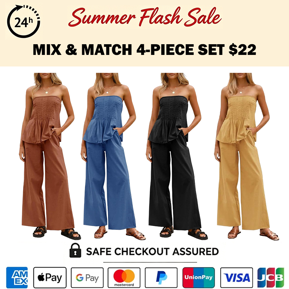 Women's Vacation Strapless Cotton Tube Top & Wide Leg Pleated Pants Matching Set