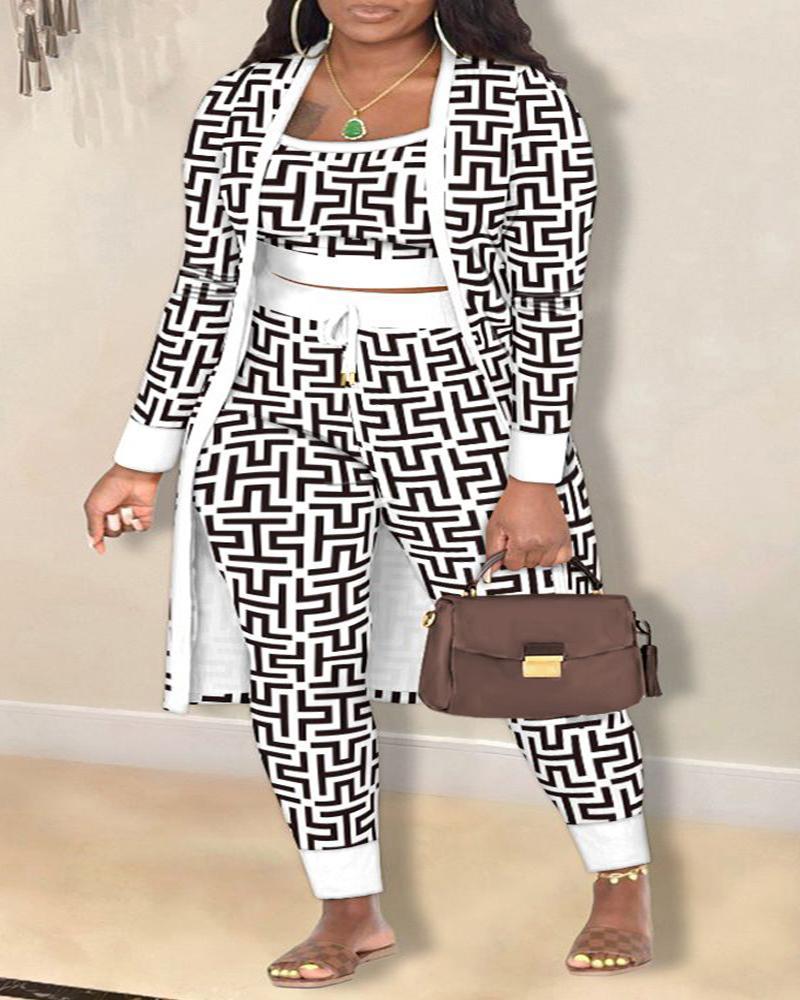 Plus Size 3PCS Geometric Print Cami Top & Drawstring Pants Set With Coat