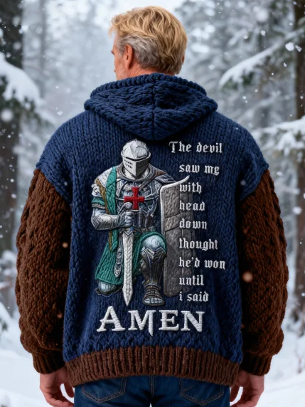 Men's Templar Knight Religious Quotes Color Block Chunky Knit Hooded Sweater