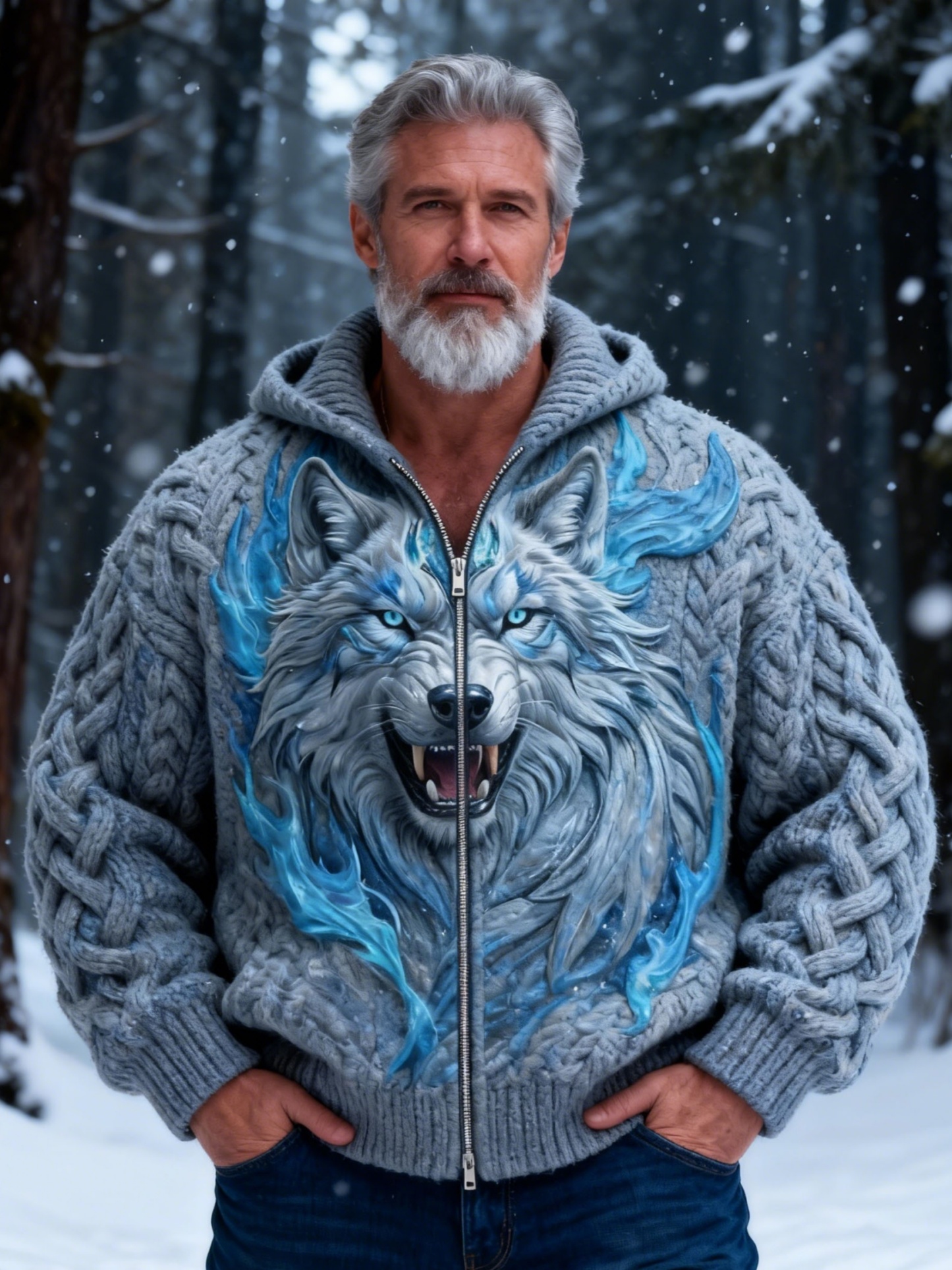 Men's Ice Flame Wolf Zip-Up Chunky Knit Hooded Sweater
