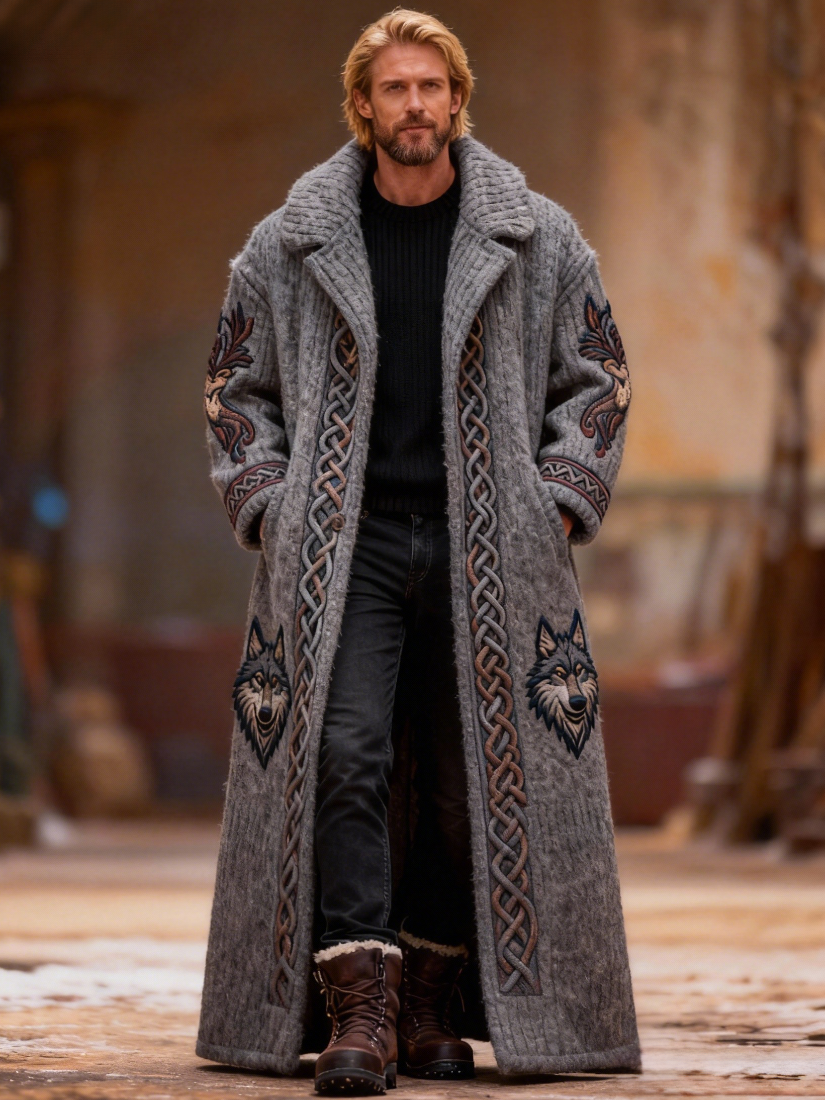 Men's Viking Kettle Knot-Decorated Wolf Wool Coat