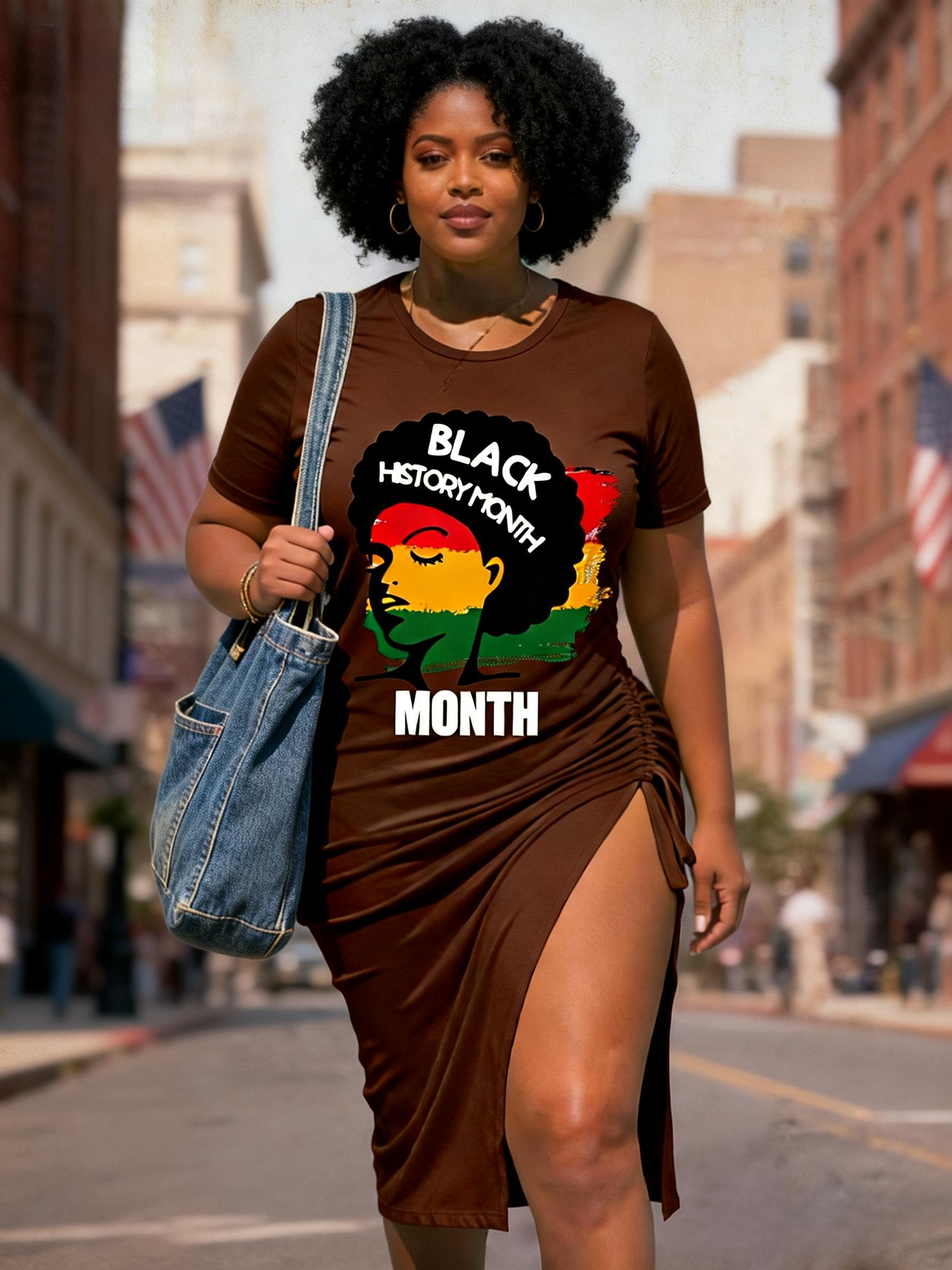 Women's Black History Month Afro Woman Ruched Side Split T-Shirt Dress 