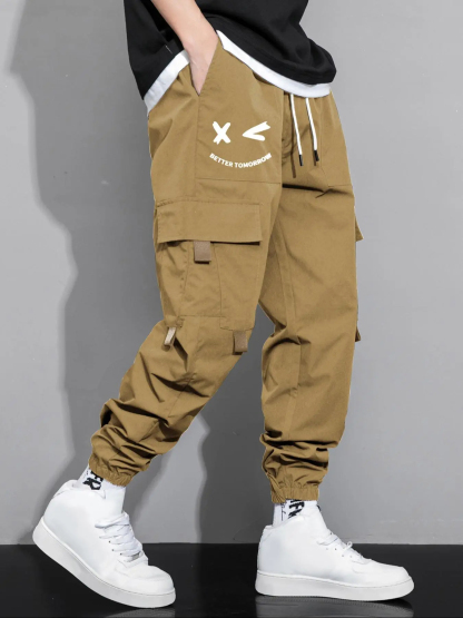 Men's Cartoon Face & Letter Print Drawstring Waist Cargo Pants