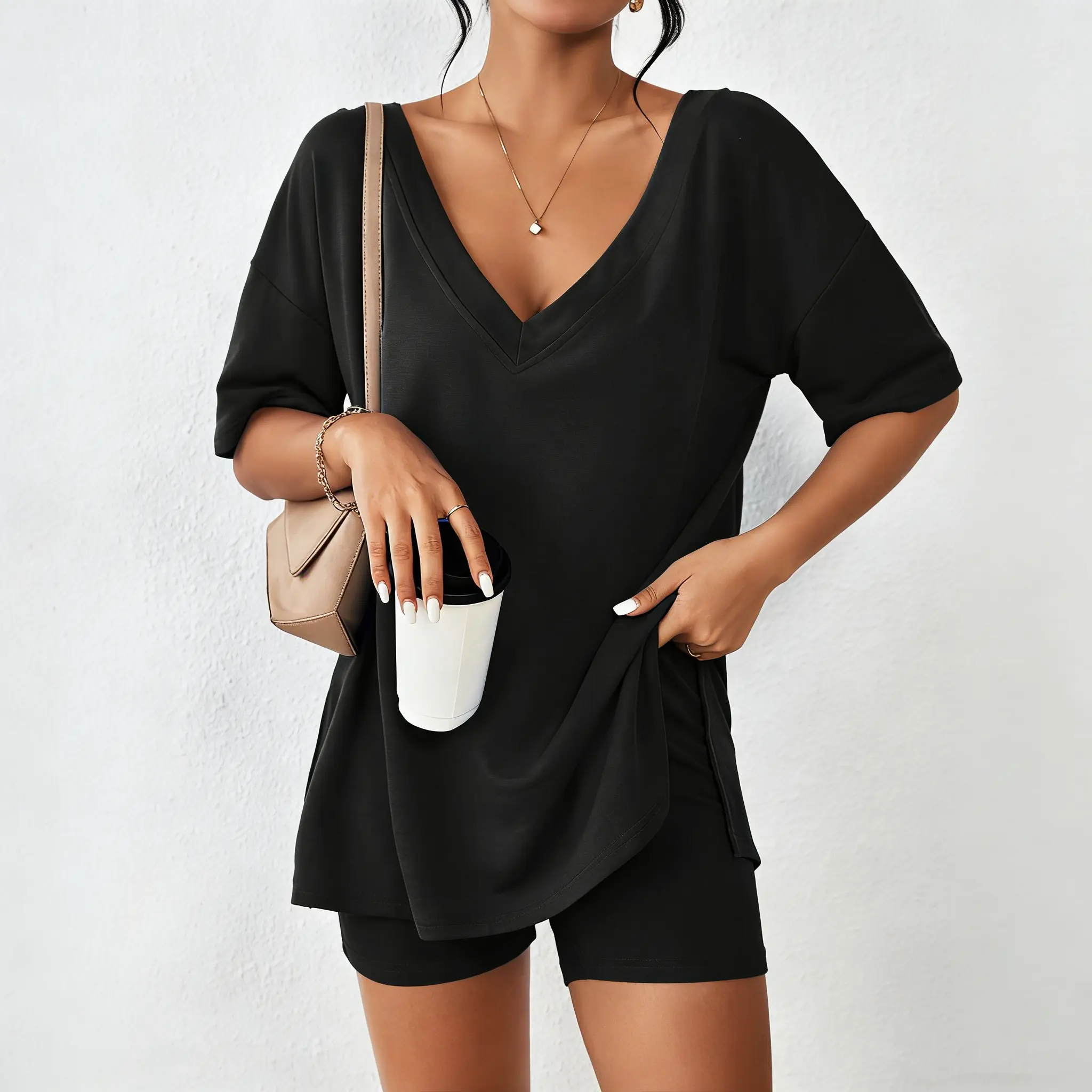 Women's Casual Spring Oversized V Neck Split Hem Shirts & Shorts Two-Piece Set