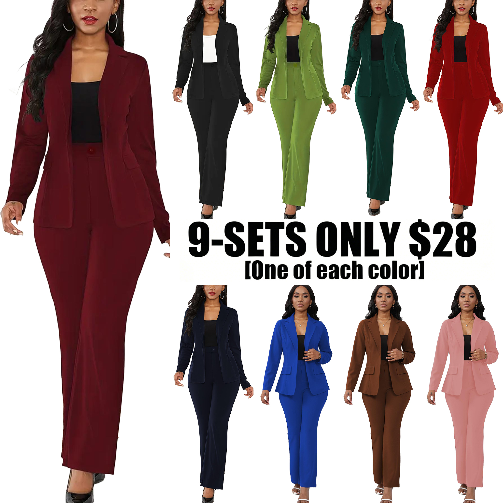 Women's Elegant Business Plain Button Lapel Blazer & Suit Pants