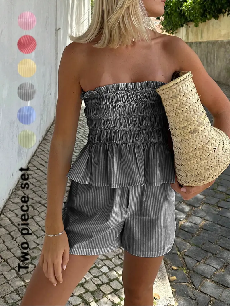 Women's Striped Print Tube Top & Shorts Sets
