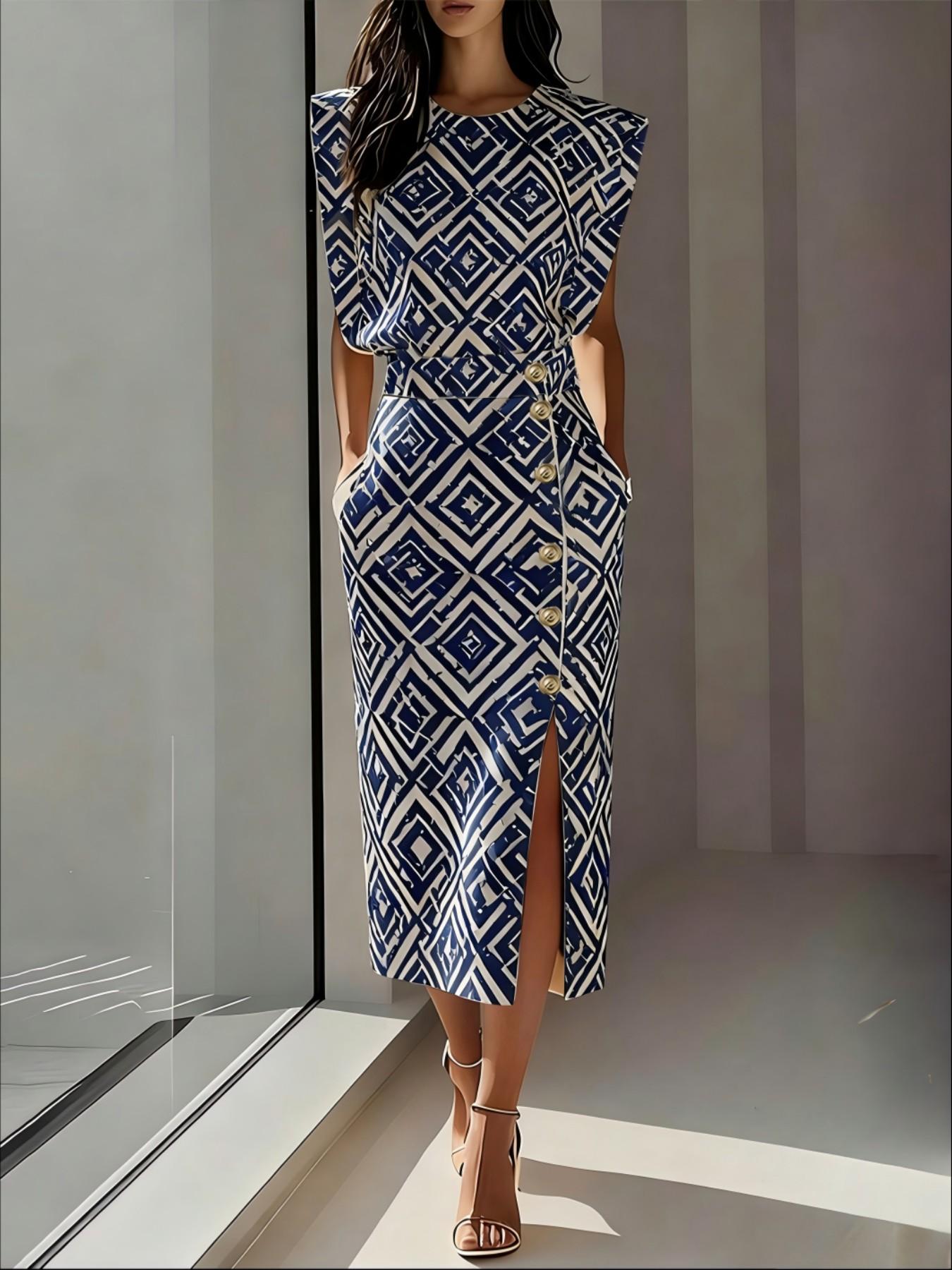 New Elegance Commuter Slimming Fashion Dress, Button Split Versatile Striped Mid-Length Women's Dress, Stylish Office Wear