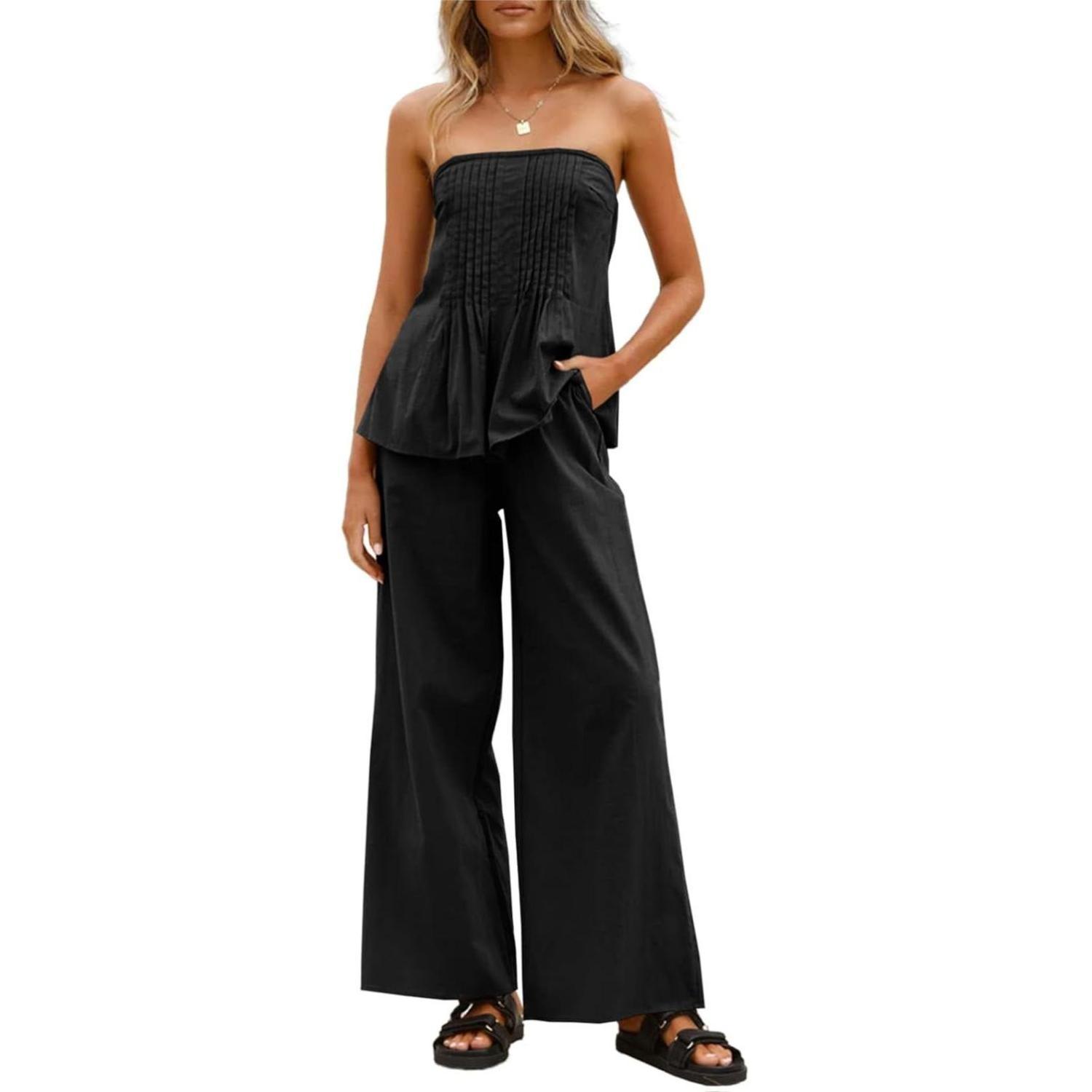 Women's Vacation Strapless Cotton Tube Top & Wide Leg Pleated Pants Matching Set