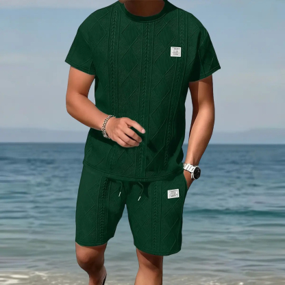 Men's Casual Summer Jacquard Texture Fabric Breathable 2-Piece Sports Suit