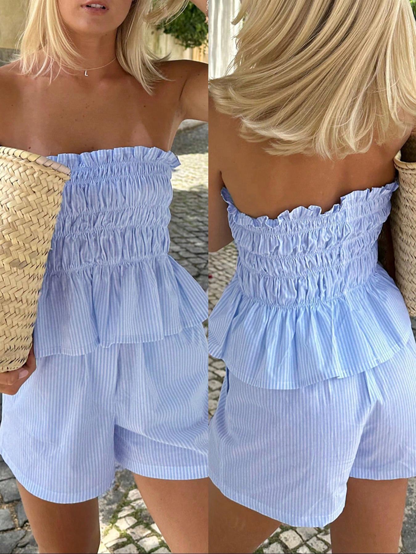 Women's Striped Print Tube Top & Shorts Sets