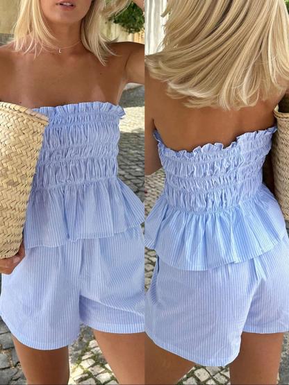 Women's Striped Print Tube Top & Shorts Sets