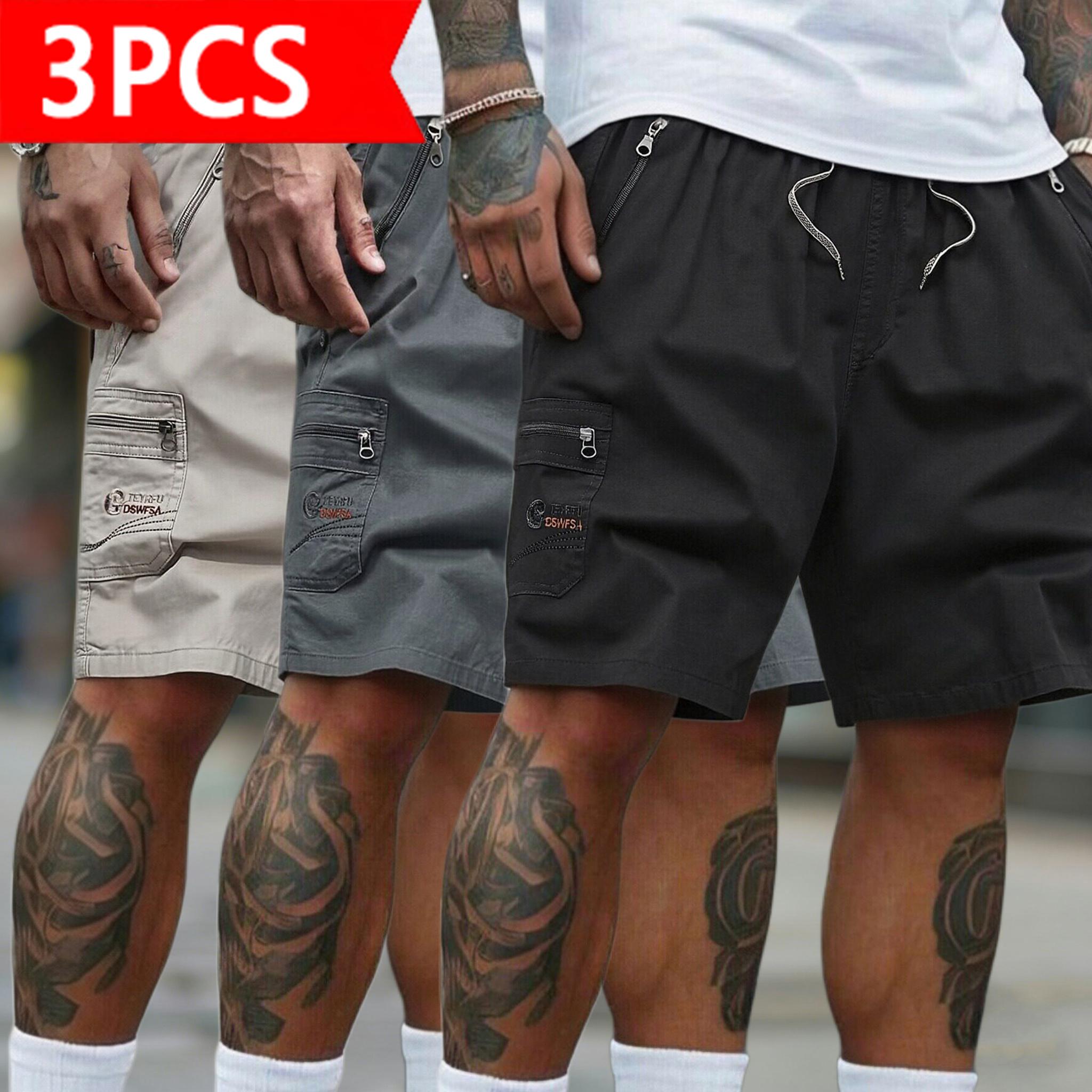 Men's 3-Pack Cargo Shorts | Casual Drawstring Elastic Waist Shorts with Zipper Pockets | Quick Dry Lightweight Streetwear for Summer, Beach, Daily Wear & Outdoor Activities, Menswear, Plain