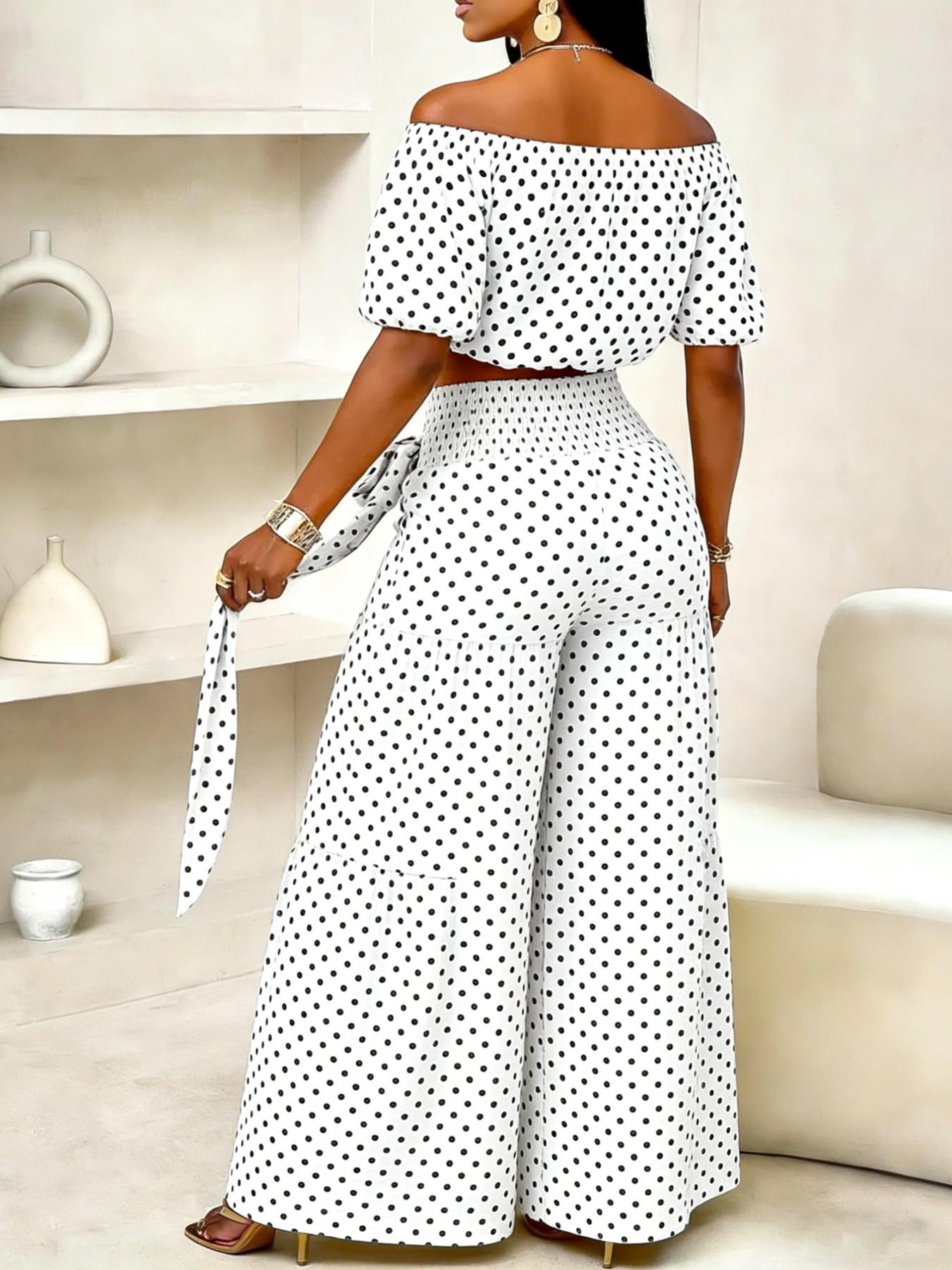Women's Spring Summer Polka Dot Casual Chic Vacation Two-Piece Set, Off-Shoulder Short Top + High-Waisted Wide Leg Pants, Fitted Clothing Set