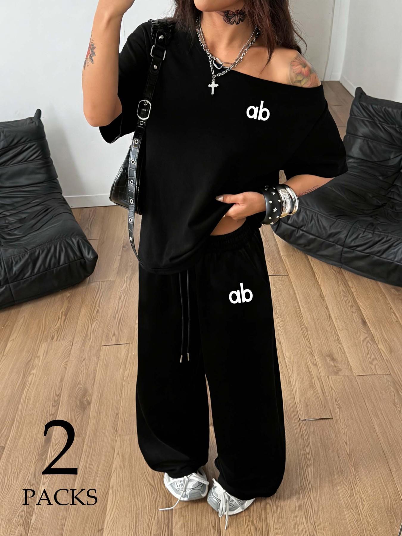 Women ab Letter Print Off-Shoulder Oversized T-Shirt & Wide Leg Pants Two Piece Set, Womenswear, Loose Fit, Soft Breathable Cotton Fabric, Perfect for Street Style, Daily Errands & Casual Lounging, Clothes, Casual Outfit Set