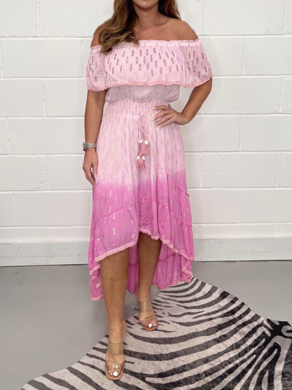 Asymmetric Elastics Gradient Printing Split-Joint Short Sleeves Off-The-Shoulder Maxi Dresses