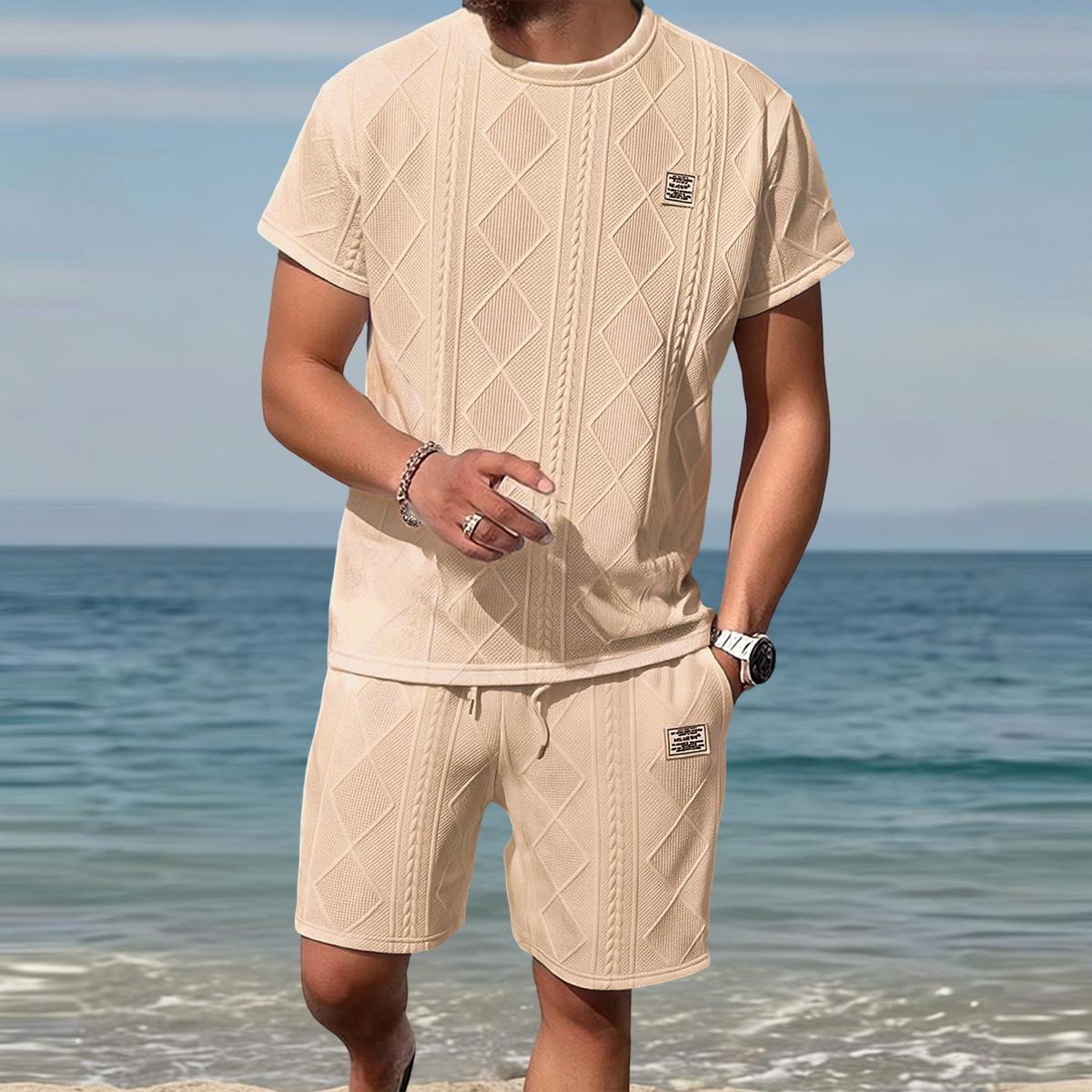 Men's Summer Casual Sports Suit 2-Piece texture Set Jacquard Texture Fabric Breathable Round Neck T-Shirt & Shorts Formal Tropical Man Top Suits Menswear Clothes Crewneck Shortsleeve  Suitable for daily leisure running tiktok shop deals gifts for him Spri