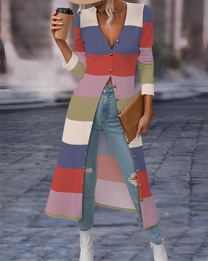 Striped Colorblock Open Front Longline Ribbed Coat