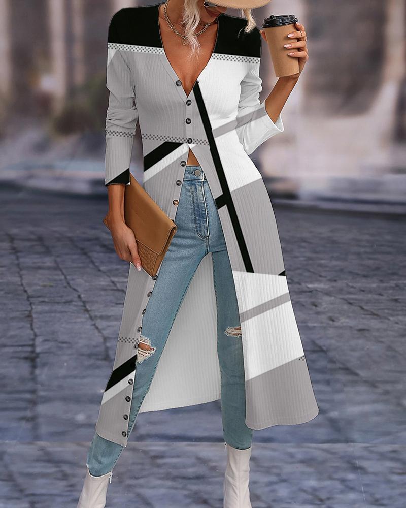 Striped Colorblock Open Front Longline Ribbed Coat