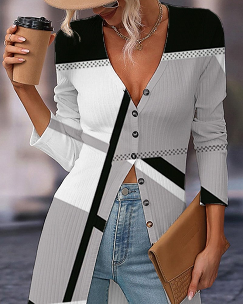 Striped Colorblock Open Front Longline Ribbed Coat
