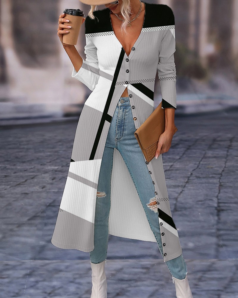 Striped Colorblock Open Front Longline Ribbed Coat