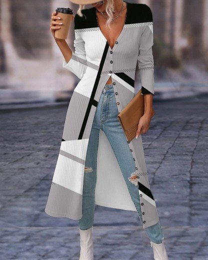 Striped Colorblock Open Front Longline Ribbed Coat