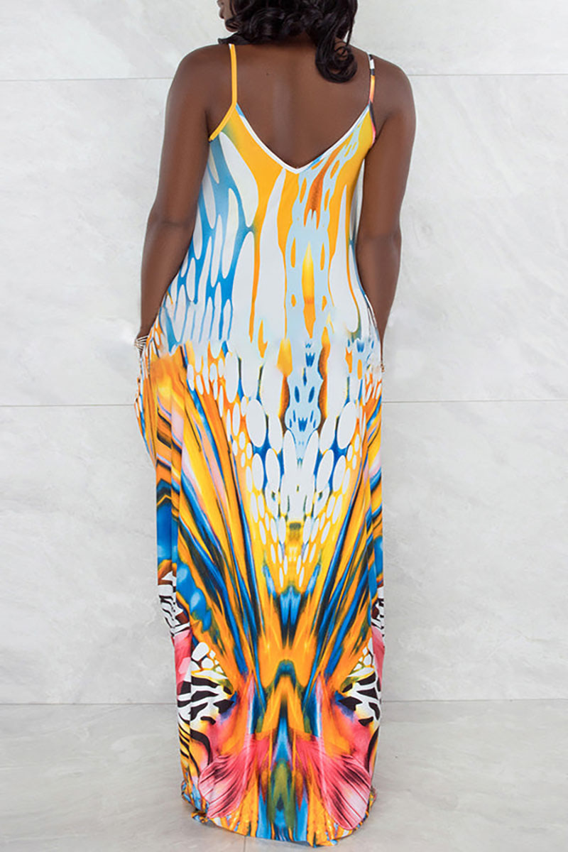 Plus Size Yellow Vacation Pattern Print Camisole Maxi Dresses [Pre-Order]