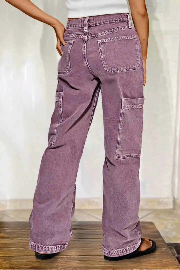 Women's Button Detail Mid Waist Straight Leg Cargo Pants Without Belt