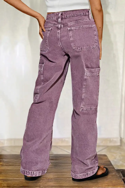 Women's Button Detail Mid Waist Straight Leg Cargo Pants Without Belt