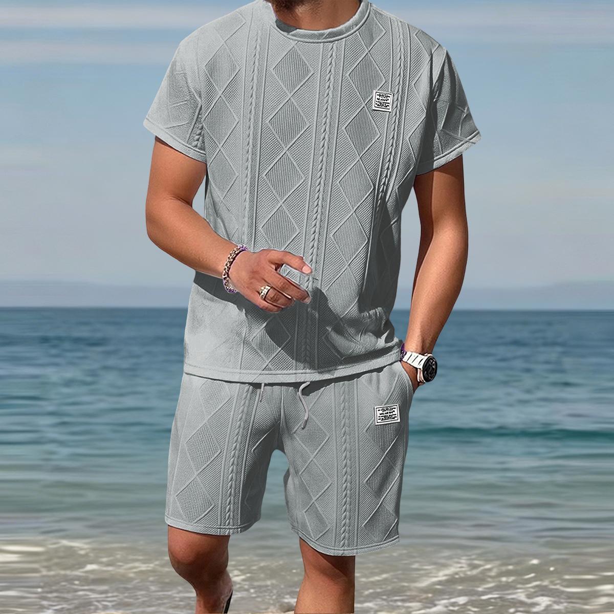 Men's Summer Casual Sports Suit 2-Piece texture Set Jacquard Texture Fabric Breathable Round Neck T-Shirt & Shorts Formal Tropical Man Top Suits Menswear Clothes Crewneck Shortsleeve  Suitable for daily leisure running tiktok shop deals gifts for him Spri