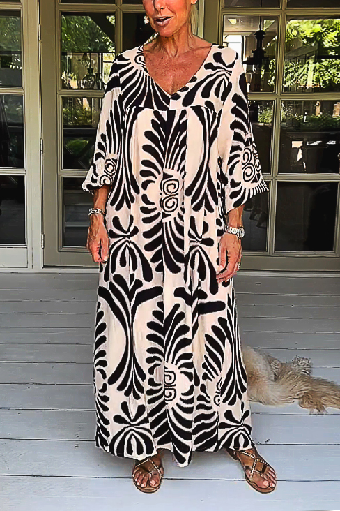 V Neck Retro Geometric Pattern Ring Loose Casual Dress