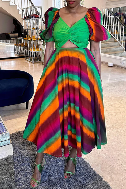 Plus Size Green Daily Puff Sleeve Gradient Print Cut Out V Neck Pocket Midi Dresses [Pre-Order]