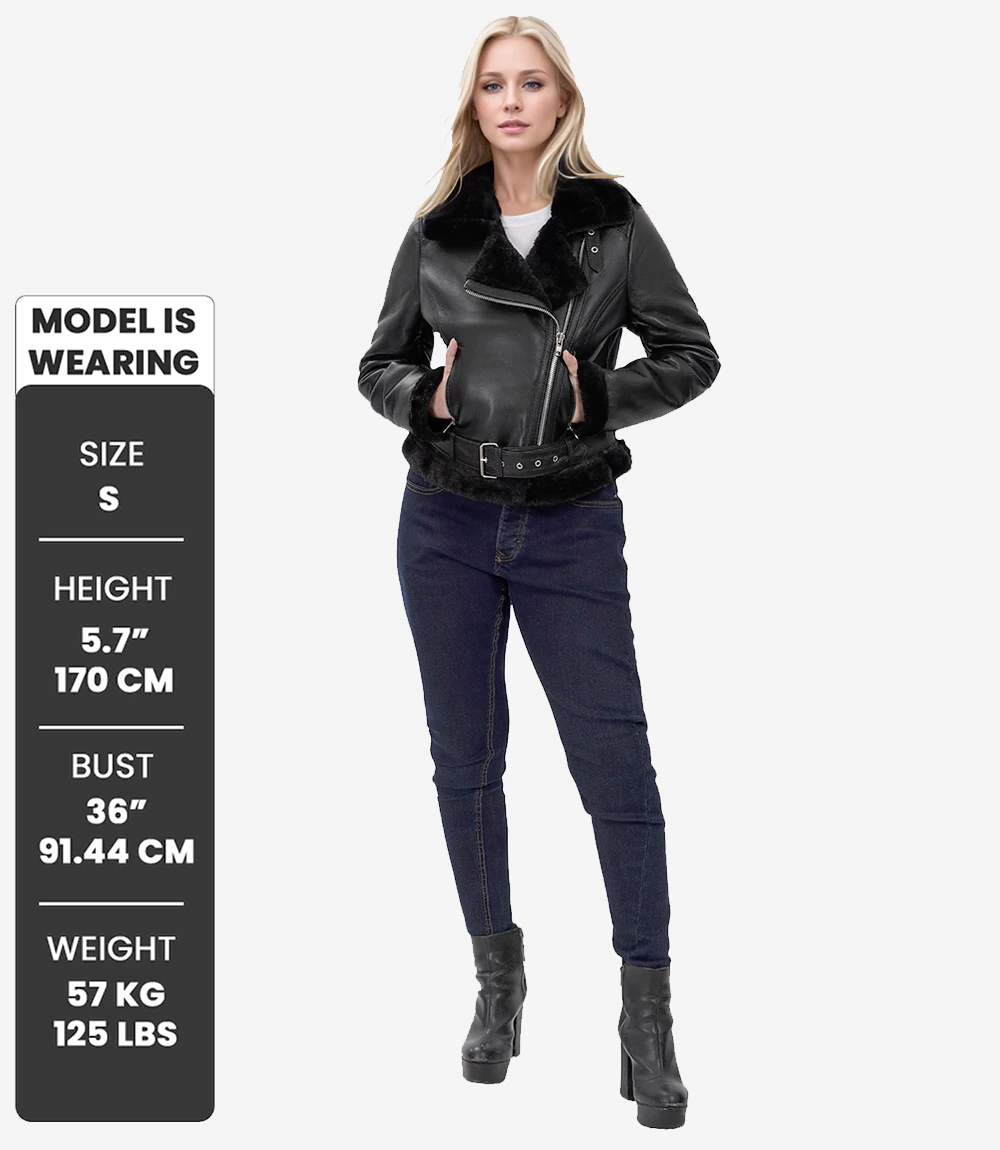 Women's Black Asymmetrical Shearling Leather Jacket