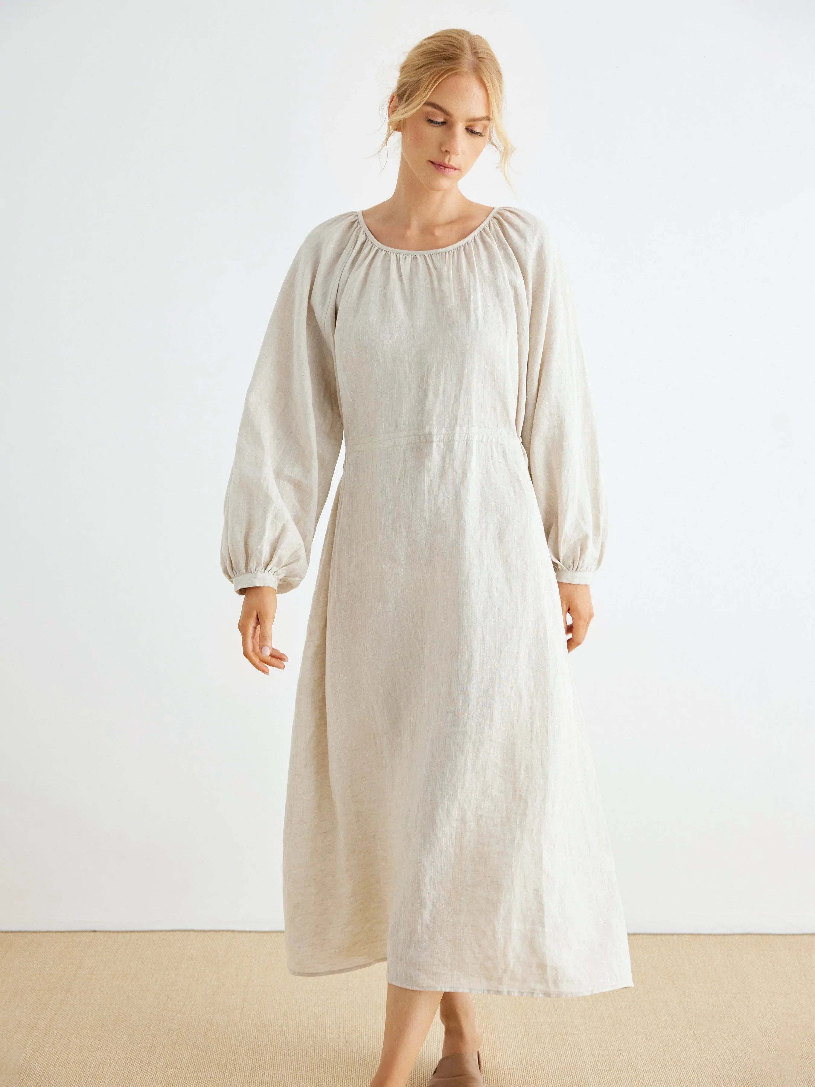 Maddie 100% Linen Puff Sleeve Drawstring Waist Dress