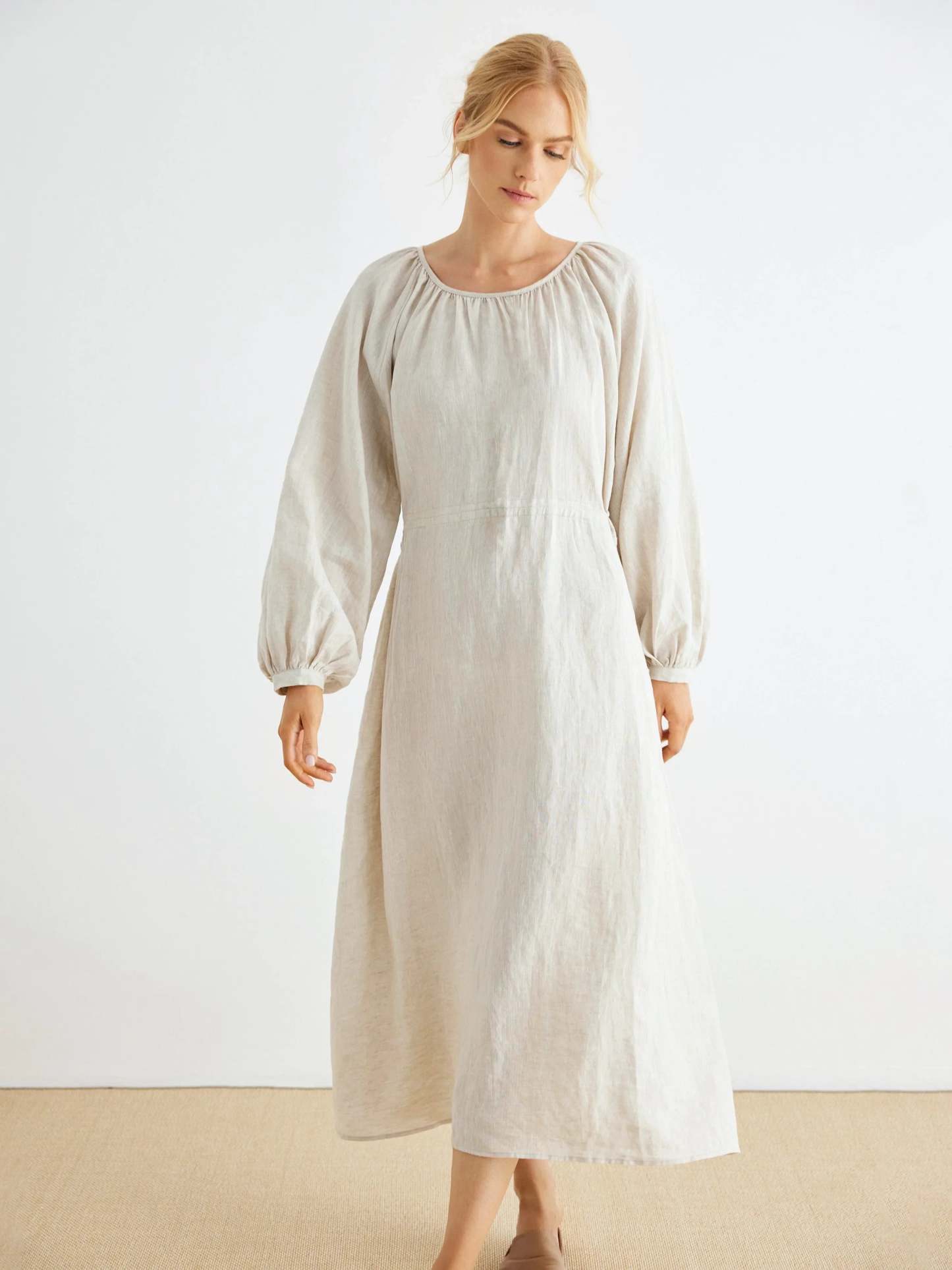 Maddie 100% Linen Puff Sleeve Drawstring Waist Dress